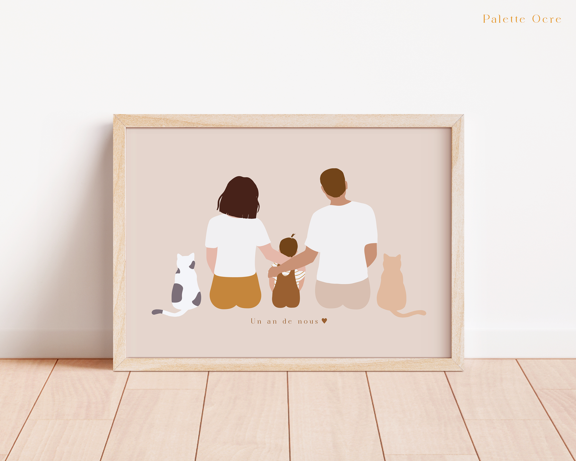 Portrait de famille assise avec animaux illustration personnalisée