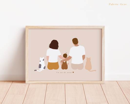 Portrait de famille assise avec animaux illustration personnalisée