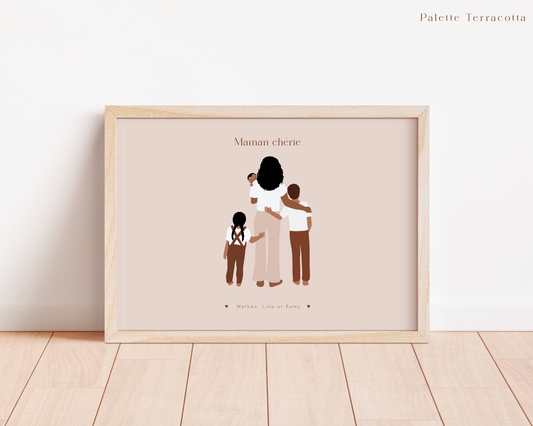 Affiche Maman et enfants, illustration personnalisée - Portrait Debout