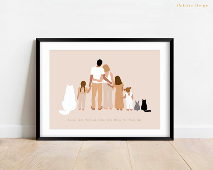 Affiche famille avec chiens et chats minimaliste