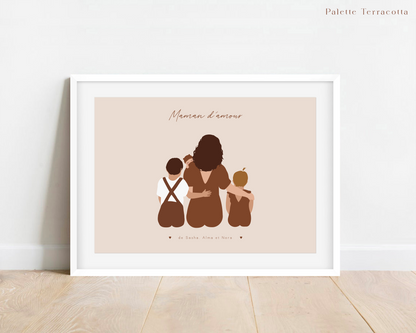 Affiche Maman et enfants, dessin personnalisé - Portrait Assis